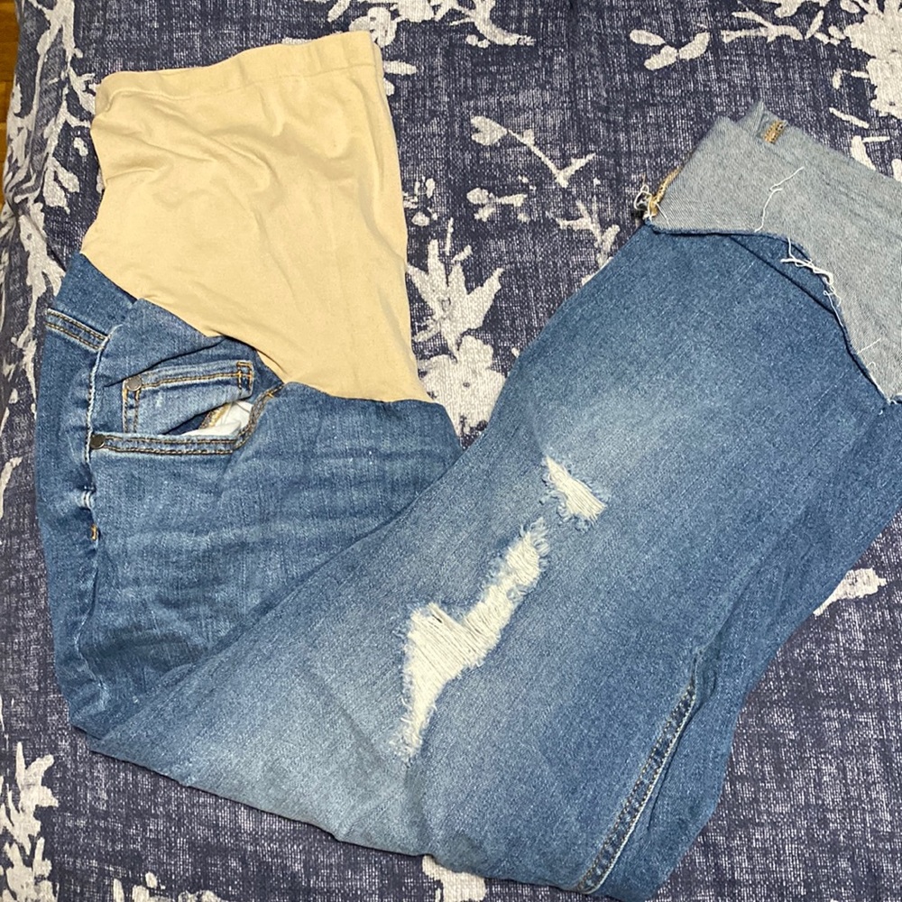 Indigo blue maternity capri pants distressed